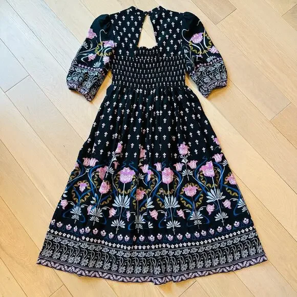 Anthropologie Dasha Smocked Midi Dress Black Floral Motif Boho Sz XS - Picture 2 of 9